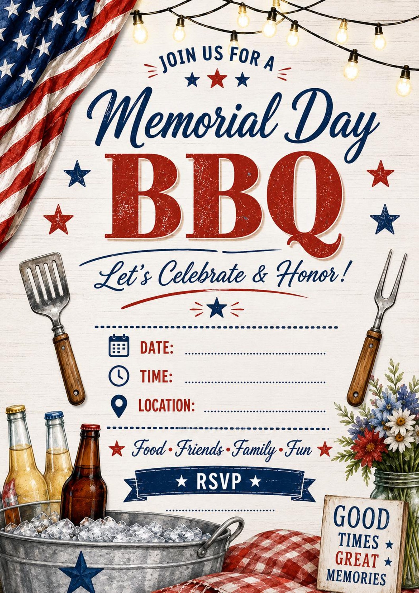 Memorial Day BBQ Editable Invitation Template, Patriotic Cookout Party ...