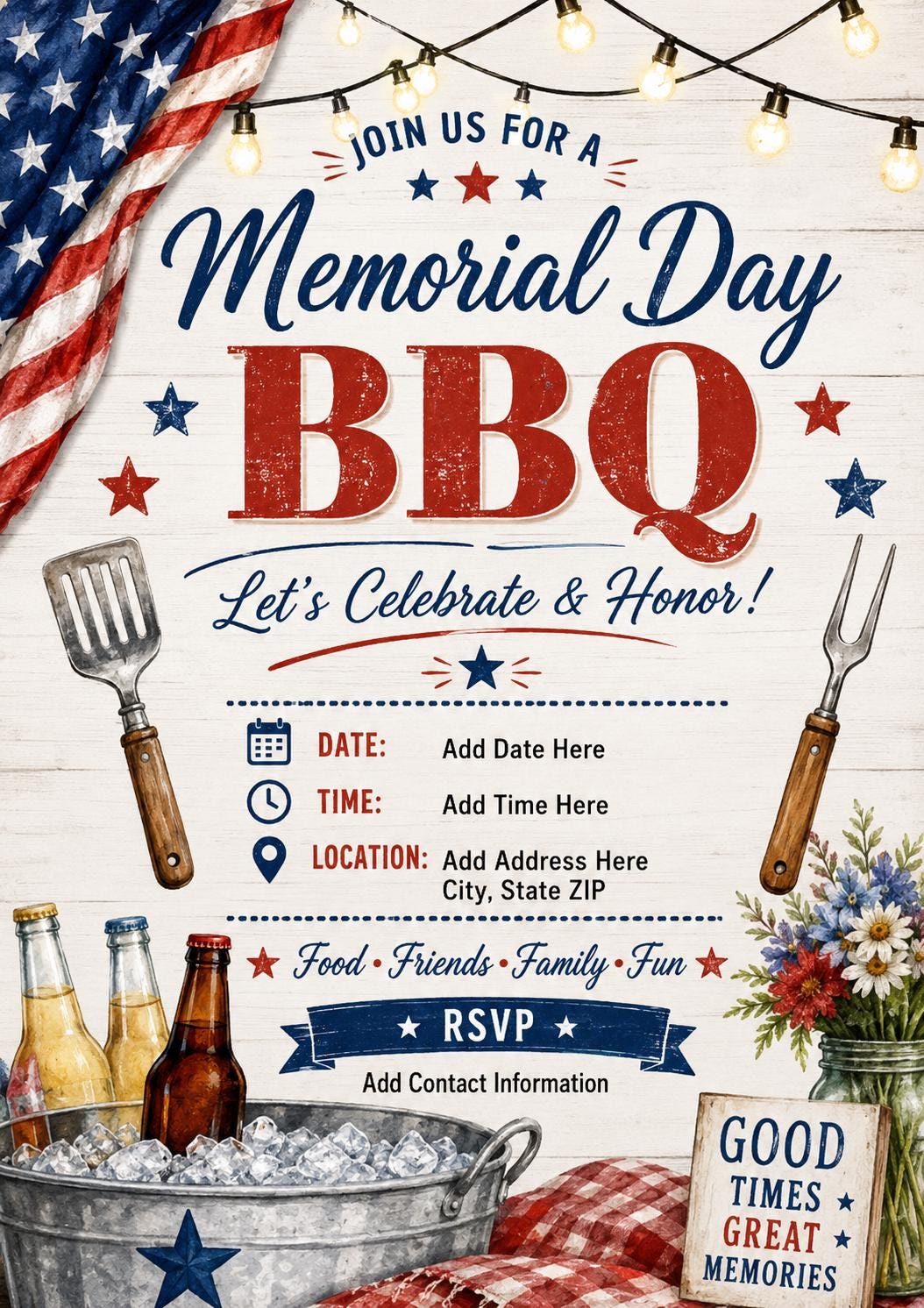 Memorial Day BBQ Editable Invitation Template, Patriotic Cookout Party ...