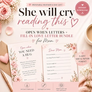 Può includere: Un set regalo stampabile per la festa della mamma con lettere d'amore da compilare per la mamma. Il design include elementi floreali, la frase "She will cry reading this" e istruzioni per il download e la stampa.