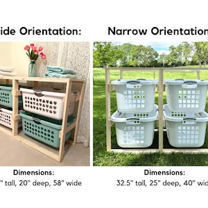 May include: Two wooden laundry storage shelves with white and teal laundry baskets. The shelf on the left is 32.5 inches tall, 20 inches deep, and 58 inches wide. The shelf on the right is 32.5 inches tall, 25 inches deep, and 40 inches wide.