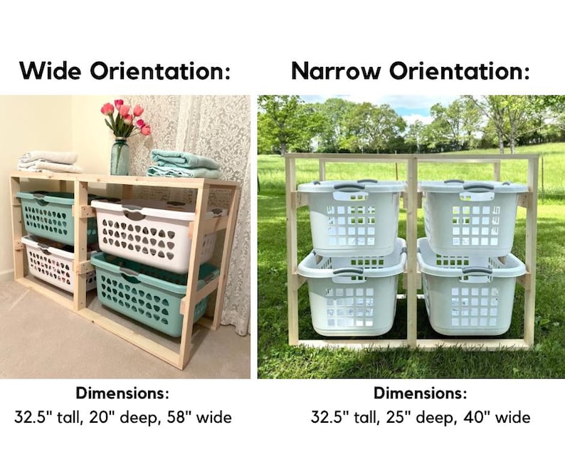 May include: Two wooden laundry storage shelves with white and teal laundry baskets. The shelf on the left is 32.5 inches tall, 20 inches deep, and 58 inches wide. The shelf on the right is 32.5 inches tall, 25 inches deep, and 40 inches wide.