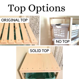 May include: Three different top options for a wooden laundry hamper. The first option is a slatted top labelled "ORIGINAL TOP". The second option is a solid top labelled "SOLID TOP". The third option is a laundry hamper with no top labelled "NO TOP".