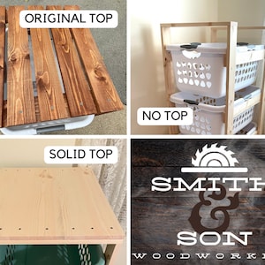 May include: Three different styles of wooden tops for a laundry hamper stand. The first top is made of stained wood slats. The second top is a solid piece of wood. The third top is a simple wooden frame without a top.