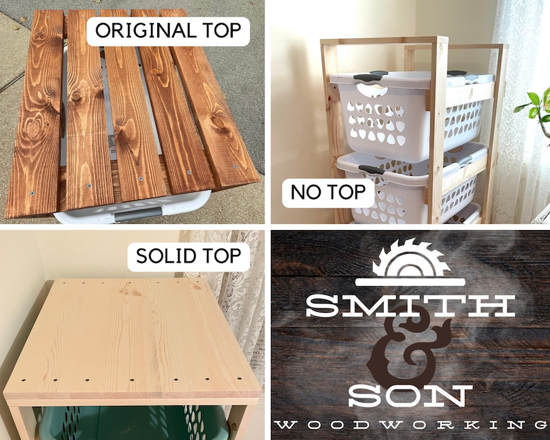 May include: Three different styles of wooden tops for a laundry hamper stand. The first top is made of stained wood slats. The second top is a solid piece of wood. The third top is a simple wooden frame without a top.