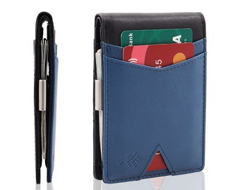 Portefeuille bleu, Protection RFID, Portefeuille Slim Modern, Clip d’argent, Cuir véritable, Portefeuille Mien