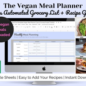 Planificador de comidas veganas / Planificador de dietas veganas / Plan de comidas basado en plantas / Planificador de comidas semanal vegano / Lista de compras automatizada / Planificador de recetas veganas
