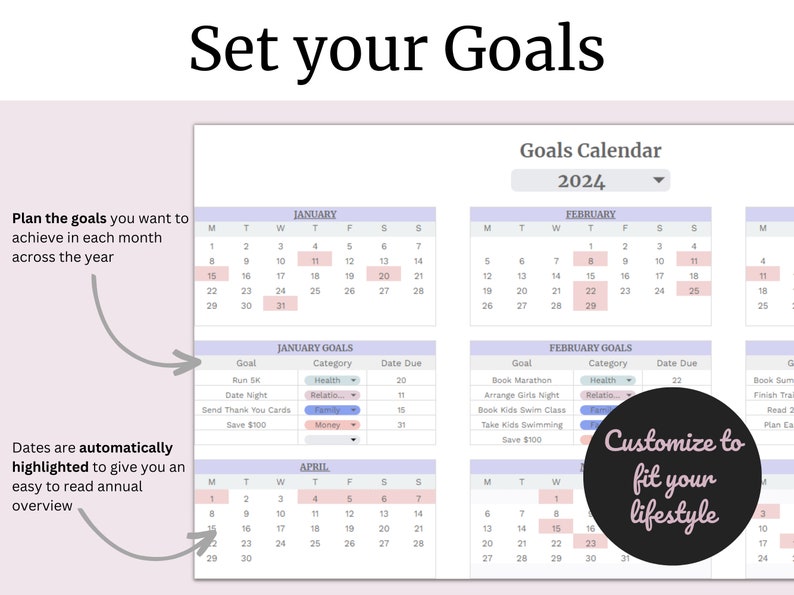 Goal and Event Calendar Google Sheets Annual and Monthly Calendar Goal Tracker Google Sheets