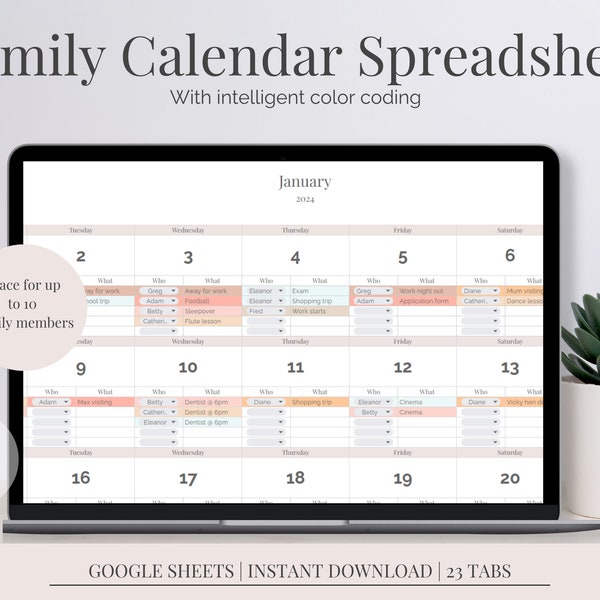 Family Calendar Google Sheet | Family Digital Organizer | Weekly Calendar | Home schedule | Google Sheets Calendar | Digital Family Schedule