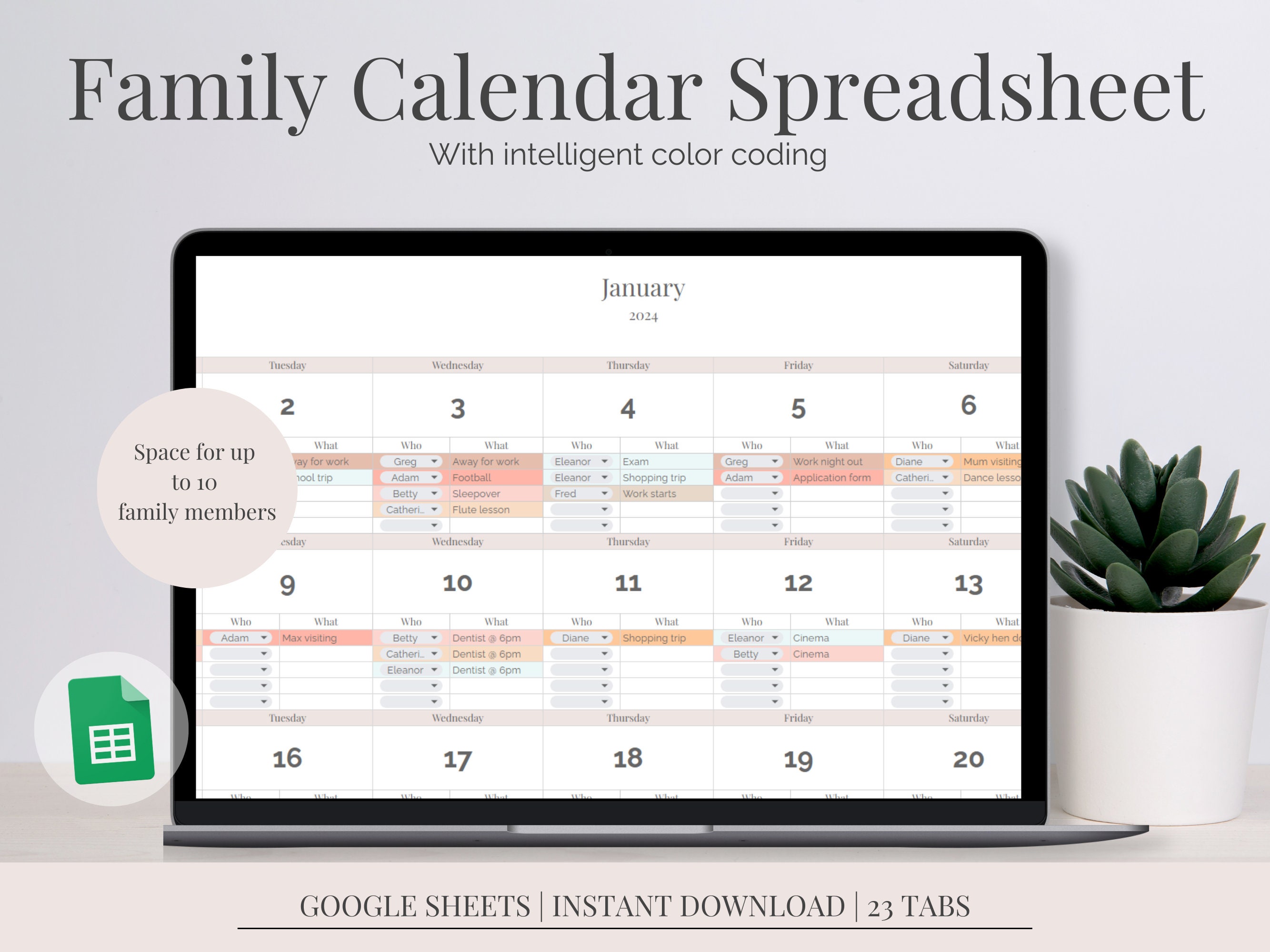 Family Calendar Google Sheet Family Digital Organizer Weekly Calendar