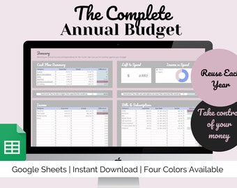 Könnte beinhalten: Ein Computerbildschirm zeigt eine Google Sheets-Tabelle mit einer Budgetvorlage. Die Tabelle trägt den Titel "The Complete Annual Budget" und enthält Abschnitte für die Zusammenfassung des Cashflows, das Einkommen, Rechnungen und Abonnements sowie das Einkommen im Vergleich zu den Ausgaben. Die Tabelle soll Benutzern helfen, ihre Einnahmen und Ausgaben zu verfolgen.
