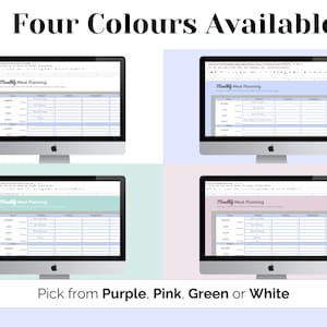 May include: Four different color options for a printable monthly meal planning template. The template is displayed on a computer screen. The colors are purple, pink, green, and white.