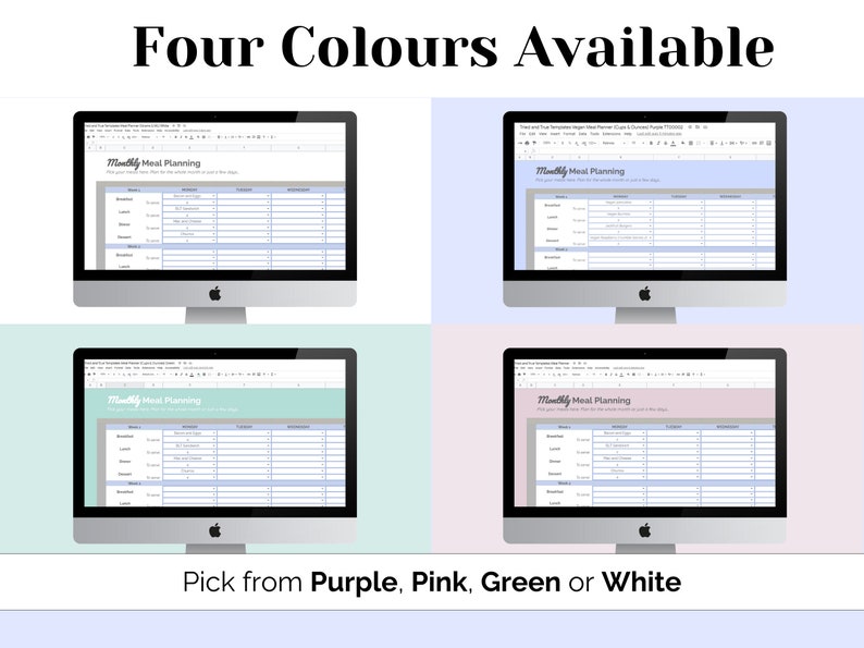May include: Four different color options for a printable monthly meal planning template. The template is displayed on a computer screen. The colors are purple, pink, green, and white.