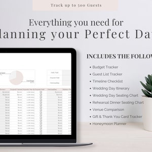Peut inclure: Un &eacute;cran d'ordinateur portable affichant un tableur de budget de planification de mariage avec un diagramme circulaire montrant le total d&eacute;pens&eacute;, le budget total et le solde restant. Le texte "COMPREND LES &Eacute;L&Eacute;MENTS SUIVANTS" est affich&eacute; sur le c&ocirc;t&eacute; droit de l'image avec une liste d'outils de planification de mariage, notamment un suivi du budget, un suivi de la liste des invit&eacute;s, une liste de contr&ocirc;le du calendrier, un itin&eacute;raire du jour du mariage, un plan de table du jour du mariage, un plan de table du d&icirc;ner de r&eacute;p&eacute;tition, une comparaison des lieux, un suivi des cartes de cadeaux et de remerciements, et un planificateur de lune de miel.