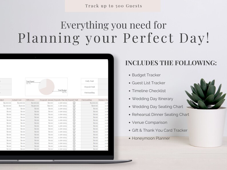 Peut inclure: Un &eacute;cran d'ordinateur portable affichant un tableur de budget de planification de mariage avec un diagramme circulaire montrant le total d&eacute;pens&eacute;, le budget total et le solde restant. Le texte "COMPREND LES &Eacute;L&Eacute;MENTS SUIVANTS" est affich&eacute; sur le c&ocirc;t&eacute; droit de l'image avec une liste d'outils de planification de mariage, notamment un suivi du budget, un suivi de la liste des invit&eacute;s, une liste de contr&ocirc;le du calendrier, un itin&eacute;raire du jour du mariage, un plan de table du jour du mariage, un plan de table du d&icirc;ner de r&eacute;p&eacute;tition, une comparaison des lieux, un suivi des cartes de cadeaux et de remerciements, et un planificateur de lune de miel.