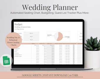 以下が含まれることがあります： 結婚式を計画するためのGoogleスプレッドシートが、ラップトップの画面に表示されています。スプレッドシートには、写真、花、音楽、招待状、結婚式の記念品、結婚式の服装などのカテゴリを含む予算セクションがあります。スプレッドシートには、結婚式の日とリハーサルディナーの座席表セクションも含まれています。スプレッドシートのタイトルは「Wedding Planner」で、「Automated Seating Chart, Budgeting, Guest List Tracker Plus More」というテキストが含まれています。スプレッドシートは、薄いピンクと白のカラーパレットで、ミニマルなスタイルでデザインされています。