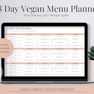 Planificador de menú vegano / Comidas veganas de 28 días / Hoja de Google de menú vegano / Ideas de comidas veganas / Libro de cocina vegano digital / Planificador de comida vegana Melocotón