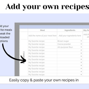 May include: A light blue table with a gray border and white text that reads "Add your own recipes". The table is divided into columns with headings "Meal", "Ingredients", "Qty Per Person", and "Breakfast". The table has rows for adding recipes with the text "My favorite recipe" repeated in the "Meal" column. The table is designed for adding and organizing recipes.
