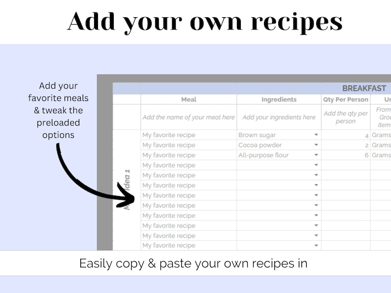 May include: A light blue table with a gray border and white text that reads "Add your own recipes". The table is divided into columns with headings "Meal", "Ingredients", "Qty Per Person", and "Breakfast". The table has rows for adding recipes with the text "My favorite recipe" repeated in the "Meal" column. The table is designed for adding and organizing recipes.