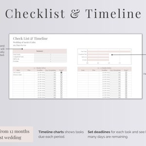 Peut inclure: Un mod&egrave;le de liste de contr&ocirc;le et de calendrier pour la planification de mariage. Le mod&egrave;le comprend une section de r&eacute;sum&eacute;, une liste de t&acirc;ches avec des &eacute;ch&eacute;ances et un tableau pour suivre les progr&egrave;s. Le texte sur la page indique "Checklist & Timeline", "Wedding of Sarah & John", "Plan tasks from 12 months + to post wedding", "Timeline charts shows tasks due each period", "Set deadlines for each task and see how many days are remaining", et "Helpful chart to keep an eye on your outstanding tasks".