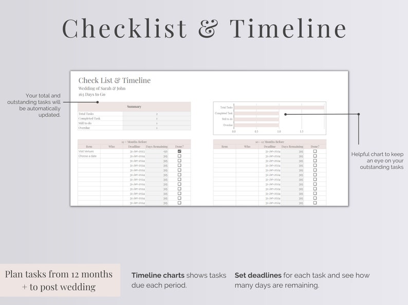 Peut inclure: Un mod&egrave;le de liste de contr&ocirc;le et de calendrier pour la planification de mariage. Le mod&egrave;le comprend une section de r&eacute;sum&eacute;, une liste de t&acirc;ches avec des &eacute;ch&eacute;ances et un tableau pour suivre les progr&egrave;s. Le texte sur la page indique "Checklist & Timeline", "Wedding of Sarah & John", "Plan tasks from 12 months + to post wedding", "Timeline charts shows tasks due each period", "Set deadlines for each task and see how many days are remaining", et "Helpful chart to keep an eye on your outstanding tasks".