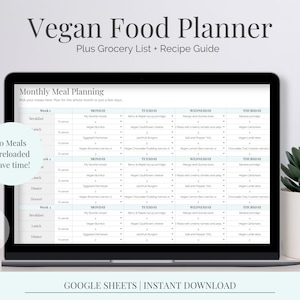 Hoja de cálculo de preparación de comidas veganas / Plan de alimentación vegana / Lista de comidas veganas / Plan de comidas basado en plantas / Diario de alimentos digital / Planificador de recetas veganas