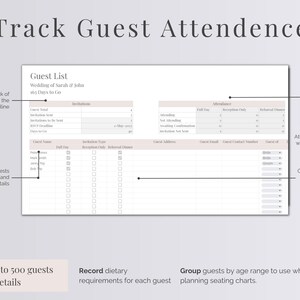 Peut inclure: Un mod&egrave;le de liste d'invit&eacute;s de mariage imprimable avec des sections pour les invitations, les RSVP, la pr&eacute;sence et les exigences alimentaires. Le mod&egrave;le est con&ccedil;u pour aider &agrave; planifier les plans de table et &agrave; suivre la pr&eacute;sence des invit&eacute;s.