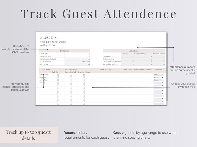 Peut inclure: Un mod&egrave;le de liste d'invit&eacute;s de mariage imprimable avec des sections pour les invitations, les RSVP, la pr&eacute;sence et les exigences alimentaires. Le mod&egrave;le est con&ccedil;u pour aider &agrave; planifier les plans de table et &agrave; suivre la pr&eacute;sence des invit&eacute;s.