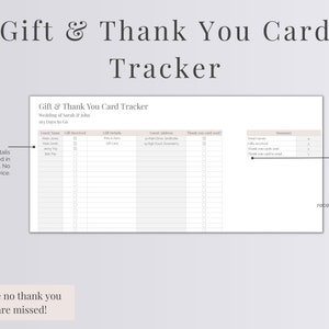 Peut inclure: Un tableau de suivi des cadeaux de mariage et des cartes de remerciement imprimable. Le tableau comporte des colonnes pour le nom de l'invit&eacute;, le cadeau re&ccedil;u, les d&eacute;tails du cadeau, l'adresse de l'invit&eacute;, la carte de remerciement envoy&eacute;e, le nombre total de cartes et une section de r&eacute;sum&eacute;. Le texte sur la page indique "Gift & Thank You Card Tracker", "Wedding of Sarah & John", "Guest details automatically pulled in from your guest list. No need to enter twice", "Make sure no thank you cards are missed!" and "Summary of gifts received and thank you cards send".