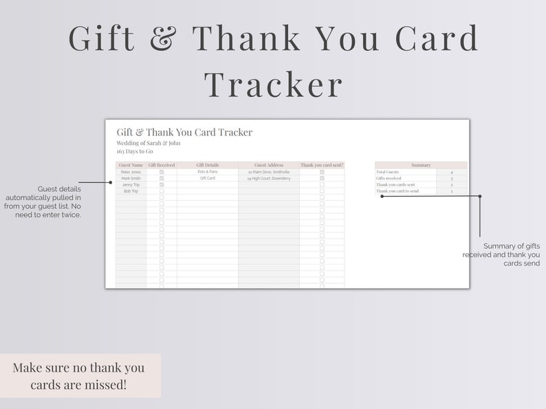 Peut inclure: Un tableau de suivi des cadeaux de mariage et des cartes de remerciement imprimable. Le tableau comporte des colonnes pour le nom de l'invit&eacute;, le cadeau re&ccedil;u, les d&eacute;tails du cadeau, l'adresse de l'invit&eacute;, la carte de remerciement envoy&eacute;e, le nombre total de cartes et une section de r&eacute;sum&eacute;. Le texte sur la page indique "Gift & Thank You Card Tracker", "Wedding of Sarah & John", "Guest details automatically pulled in from your guest list. No need to enter twice", "Make sure no thank you cards are missed!" and "Summary of gifts received and thank you cards send".