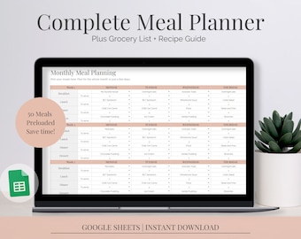 Meal Plan Google Sheets | Meal Planner | Automatic Grocery List | Weekly Menu  | Meal Guide (Peach)