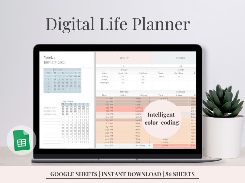 Digital Life Planner | Daily Schedule Spreadsheet | Google Sheet Planner | Habit Tracker | Annual & Monthly Goal Tracker | Schedule Template image 1
