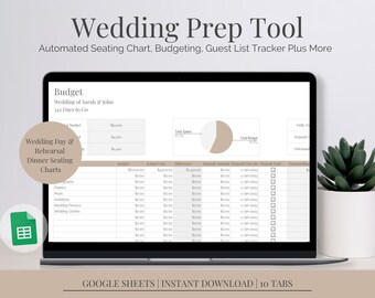 Peut inclure: Un écran d'ordinateur portable affichant un tableur Google Sheets avec un planificateur de budget de mariage. Le tableur comprend des colonnes pour les postes budgétaires, le coût réel, la différence, le montant du dépôt, la date d'échéance du dépôt, le dépôt payé et le solde restant. Le tableur est intitulé "Mariage de Sarah et John" et comporte un diagramme circulaire montrant le budget total et les dépenses totales. Le tableur fait partie d'un outil de planification de mariage plus large qui comprend des plans de table, des suivis de liste d'invités et plus encore.