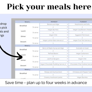 May include: A blue and white meal planner with the text "Pick your meals here" at the top. The planner is divided into three weeks, with each week having a column for Monday, Tuesday, and Wednesday. Each column lists breakfast, lunch, dinner, and dessert options. The planner is designed to help people plan their meals in advance.