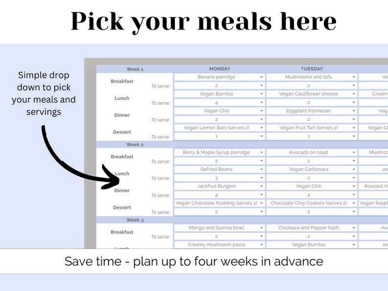 May include: A blue and white meal planner with the text "Pick your meals here" at the top. The planner is divided into three weeks, with each week having a column for Monday, Tuesday, and Wednesday. Each column lists breakfast, lunch, dinner, and dessert options. The planner is designed to help people plan their meals in advance.