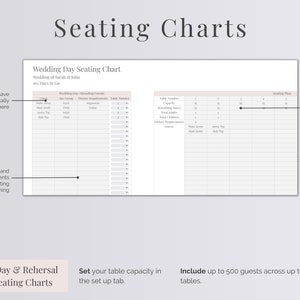 Peut inclure: Un mod&egrave;le de plan de table de mariage imprimable avec un fond rose clair. Le tableau comprend des sections pour les noms des invit&eacute;s, les groupes d'&acirc;ge, les exigences alimentaires, les num&eacute;ros de table et un plan de table.