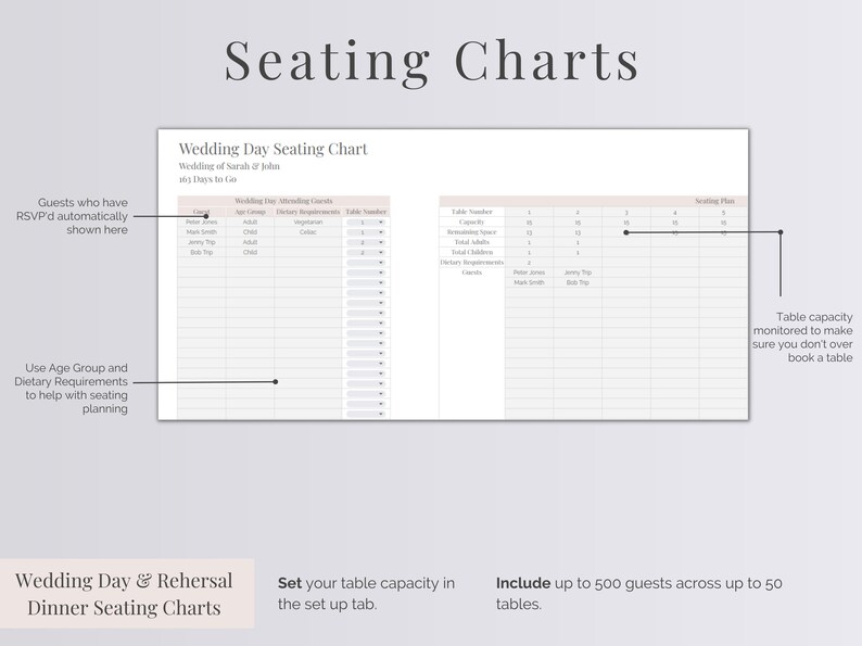 Peut inclure: Un mod&egrave;le de plan de table de mariage imprimable avec un fond rose clair. Le tableau comprend des sections pour les noms des invit&eacute;s, les groupes d'&acirc;ge, les exigences alimentaires, les num&eacute;ros de table et un plan de table.