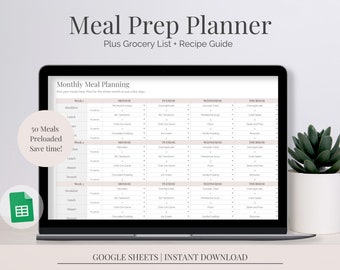 May include: A digital meal prep planner displayed on a laptop screen. The planner includes a grocery list and recipe guide. The screen shows a monthly meal planning template with preloaded meal options. The text on the screen says "50 Meals Preloaded Save time!"