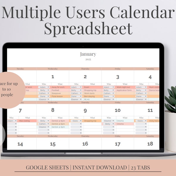 Calendrier mensuel réutilisable pour plusieurs personnes | Calendrier hebdomadaire Google Sheet | Modèle de calendrier annuel