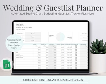 Peut inclure: Un écran d'ordinateur portable affichant un tableur Google Sheets pour la planification de mariage. Le tableur comprend des sections pour le budget, les plans de table et le suivi de la liste des invités. Le texte à l'écran indique "Wedding & Guestlist Planner" et "Automated Seating Chart, Budgeting, Guest List Tracker Plus More".