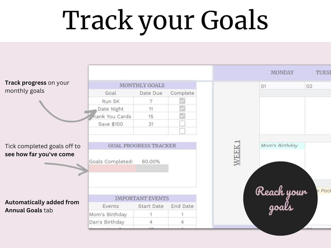 Goal and Event Calendar Google Sheets Annual and Monthly Calendar Goal