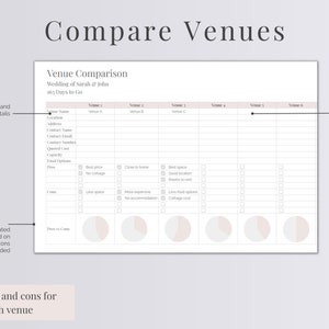 Peut inclure: Un tableau de comparaison de lieux de mariage imprimable avec de la place pour huit lieux. Le tableau comprend des sections pour le nom du lieu, l'emplacement, les coordonn&eacute;es, la capacit&eacute;, les options de restauration, les avantages, les inconv&eacute;nients et un diagramme circulaire pour comparer les avantages et les inconv&eacute;nients.