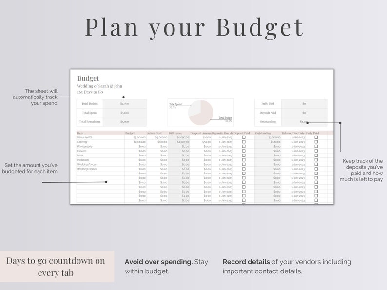 Peut inclure: Une feuille de calcul de budget de mariage imprimable avec un sch&eacute;ma de couleurs rose et blanc. La feuille de calcul comprend des sections pour suivre le budget total, les d&eacute;penses initiales, les acomptes et le solde restant. La feuille de calcul comprend &eacute;galement un diagramme circulaire pour visualiser la ventilation du budget.