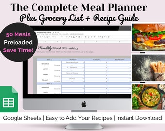 Weekly Meal Planner + Grocery List  | Google Sheets Template | Menu Planner | Recipe Guide | Monthly Family Meal Plan | Digital Meal Plan