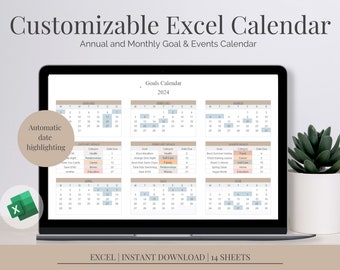 Customizable Excel Spreadsheet Template | Editable Excel Calendar | Track Goals and Events