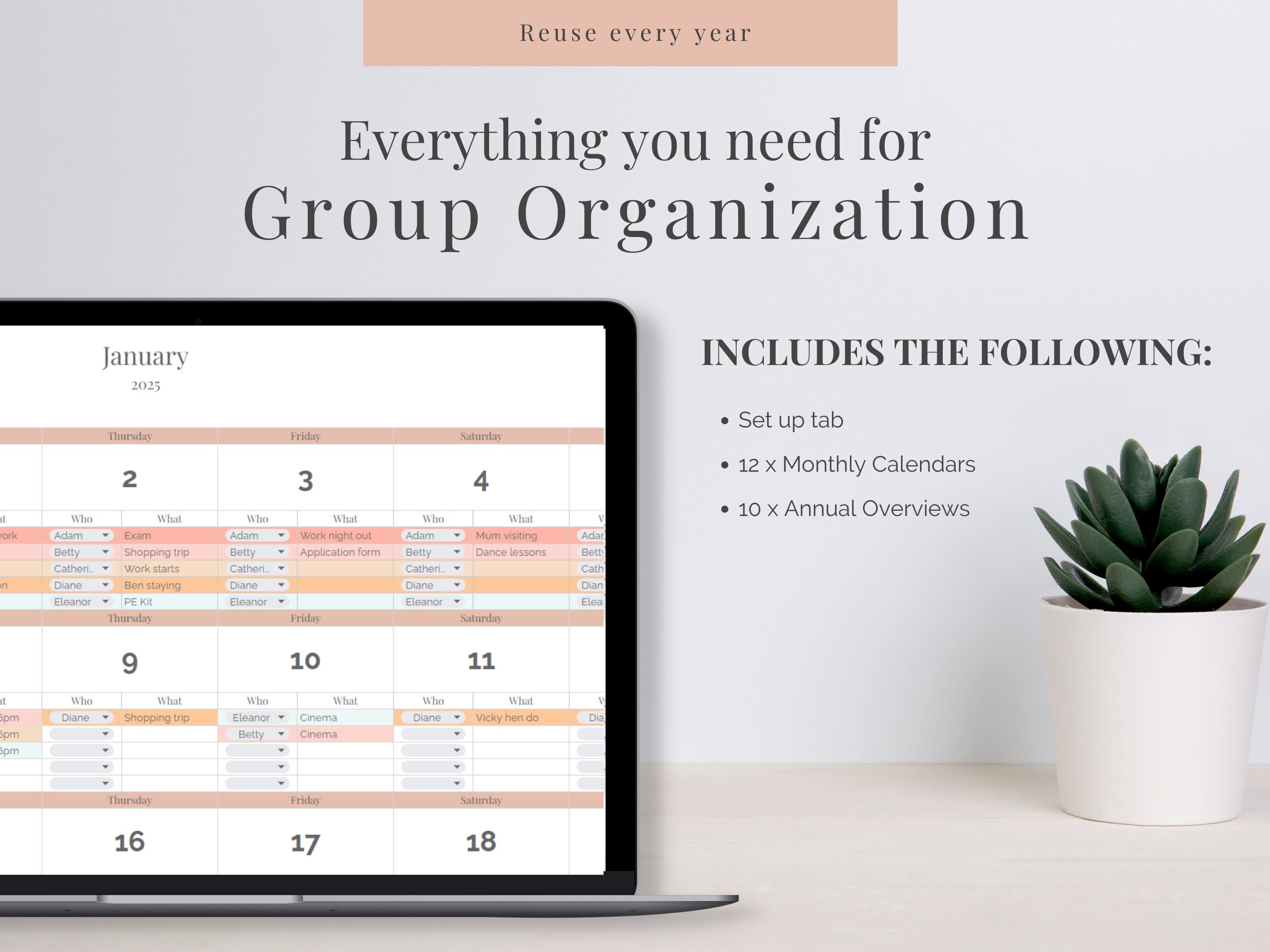 Reusable Multi-person Monthly Schedule | Weekly Calendar Google Sheet ...