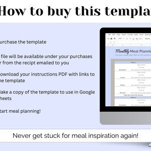 May include: A checklist with checkmarks next to each step on how to buy a printable meal planning template. The template is shown on a computer screen and includes a weekly meal planner with columns for breakfast, lunch, dinner, and dessert. The text on the screen says "Monthly Meal Planning".