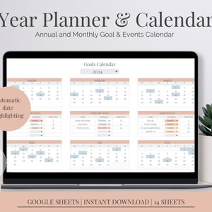 May include: A laptop screen displaying a Google Sheets calendar template for 2024. The template is designed for goal setting and event planning. The text "Goals Calendar" and "2024" are visible at the top of the screen. The text "Automatic date highlighting" is visible on the left side of the screen. The text "GOOGLE SHEETS | INSTANT DOWNLOAD | 14 SHEETS" is visible at the bottom of the screen.