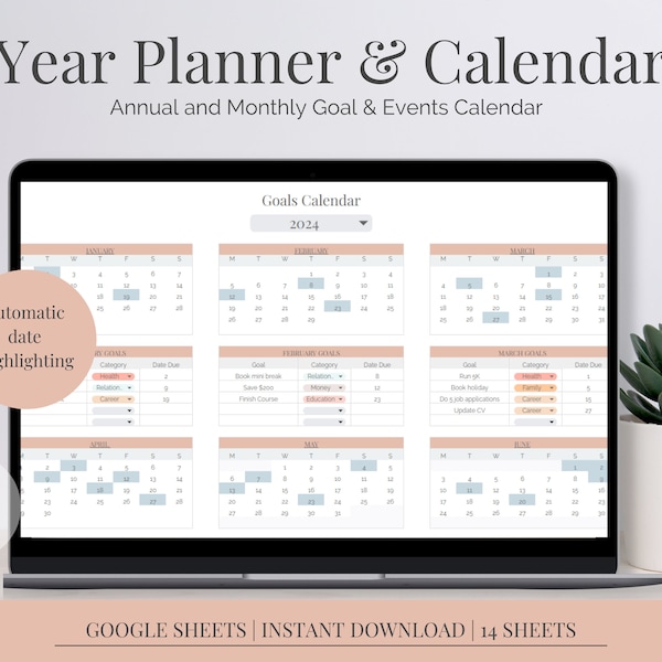 Year Planner Spreadsheet | Goal Setter Calendar | Schedule Tool Google Sheet | Event Planner | Task Manager