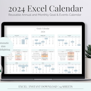 Puede incluir: Una pantalla de computadora portátil que muestra un calendario de Excel 2024 con un calendario anual y mensual reutilizable para objetivos y eventos. El calendario tiene resaltado automático de fechas y 14 hojas. El texto "Calendario de objetivos 2024" es visible en la parte superior de la pantalla.