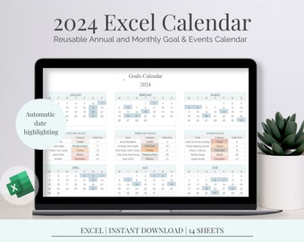 Editable 2024 Excel Calendar | Reusable Spreadsheet Template | Track Goals and Events
